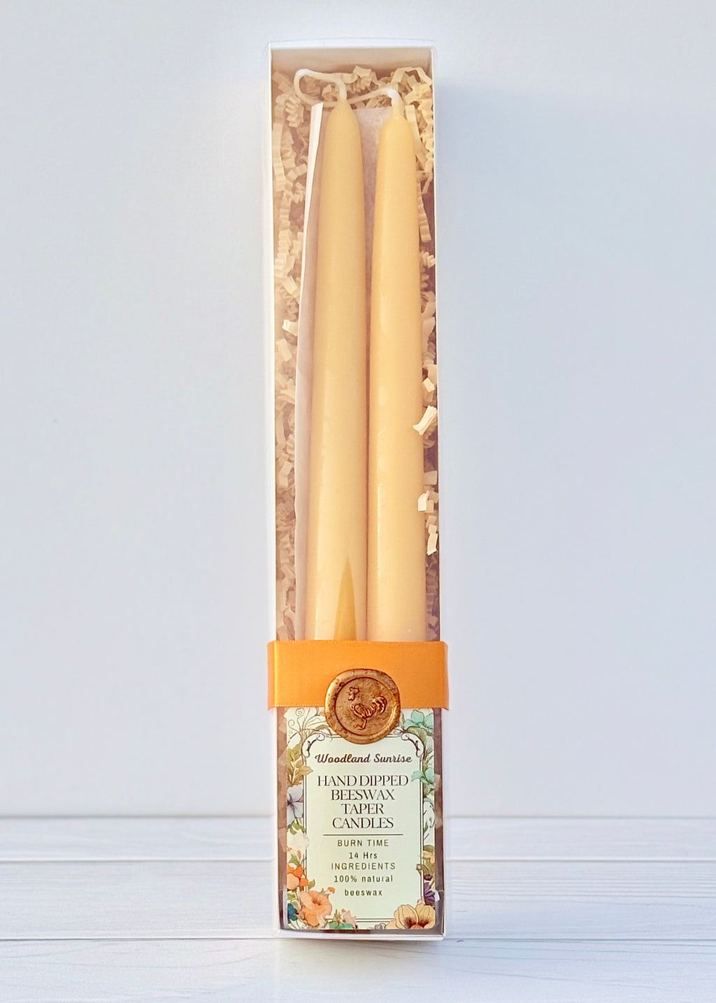 11” Beeswax Taper Candles in box with clear lid 