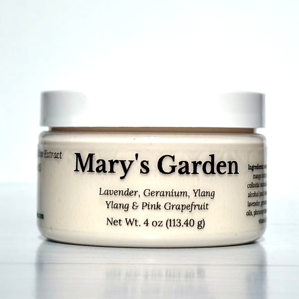 Jar of 'Mary's Garden' product on a white background