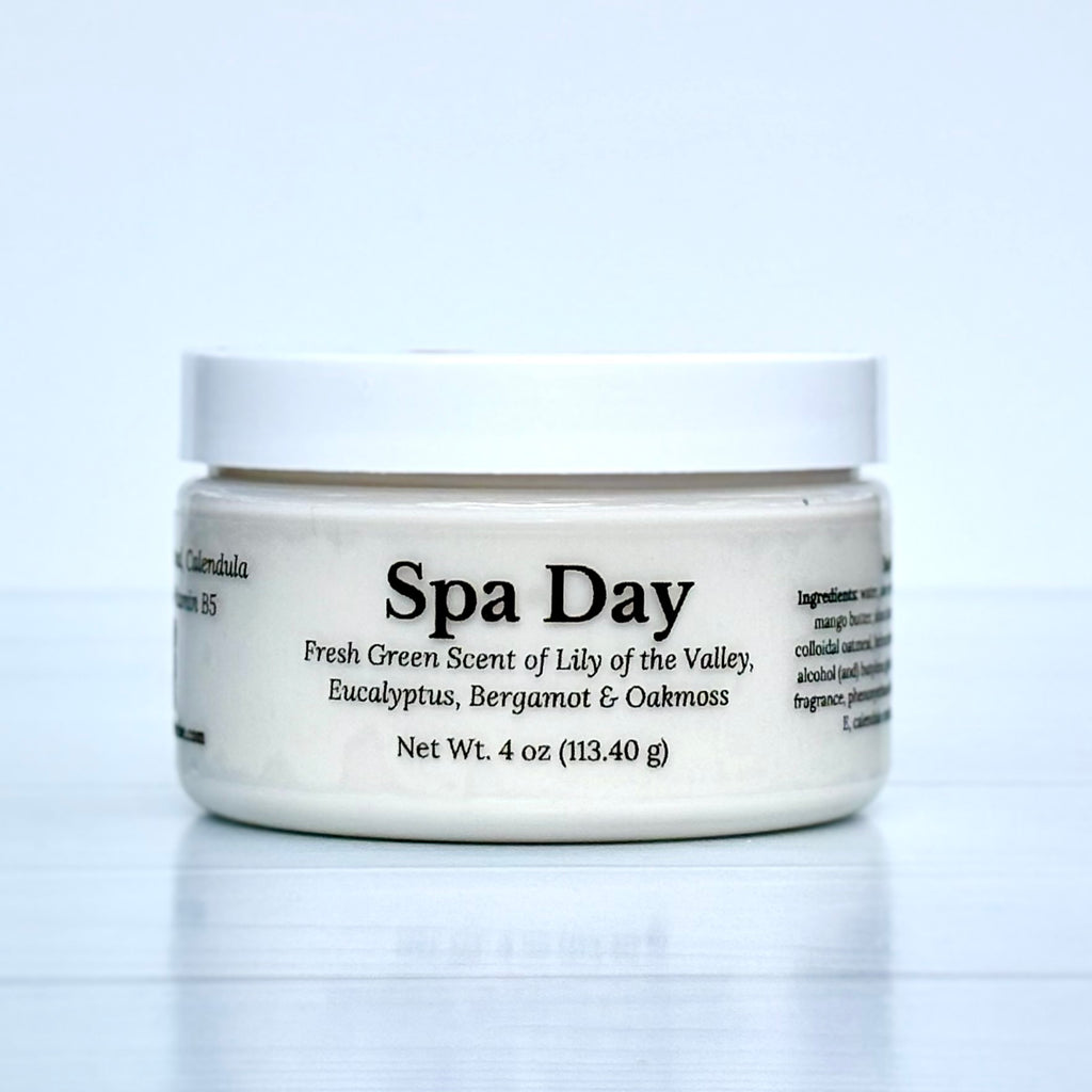 Jar of cream labeled 'Spa Day' with a white background