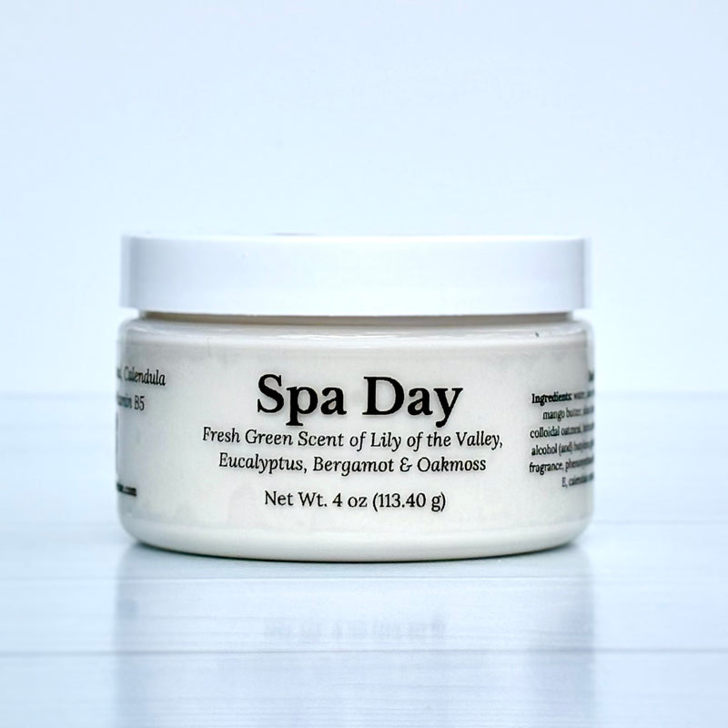 Jar of cream labeled 'Spa Day' with a white background