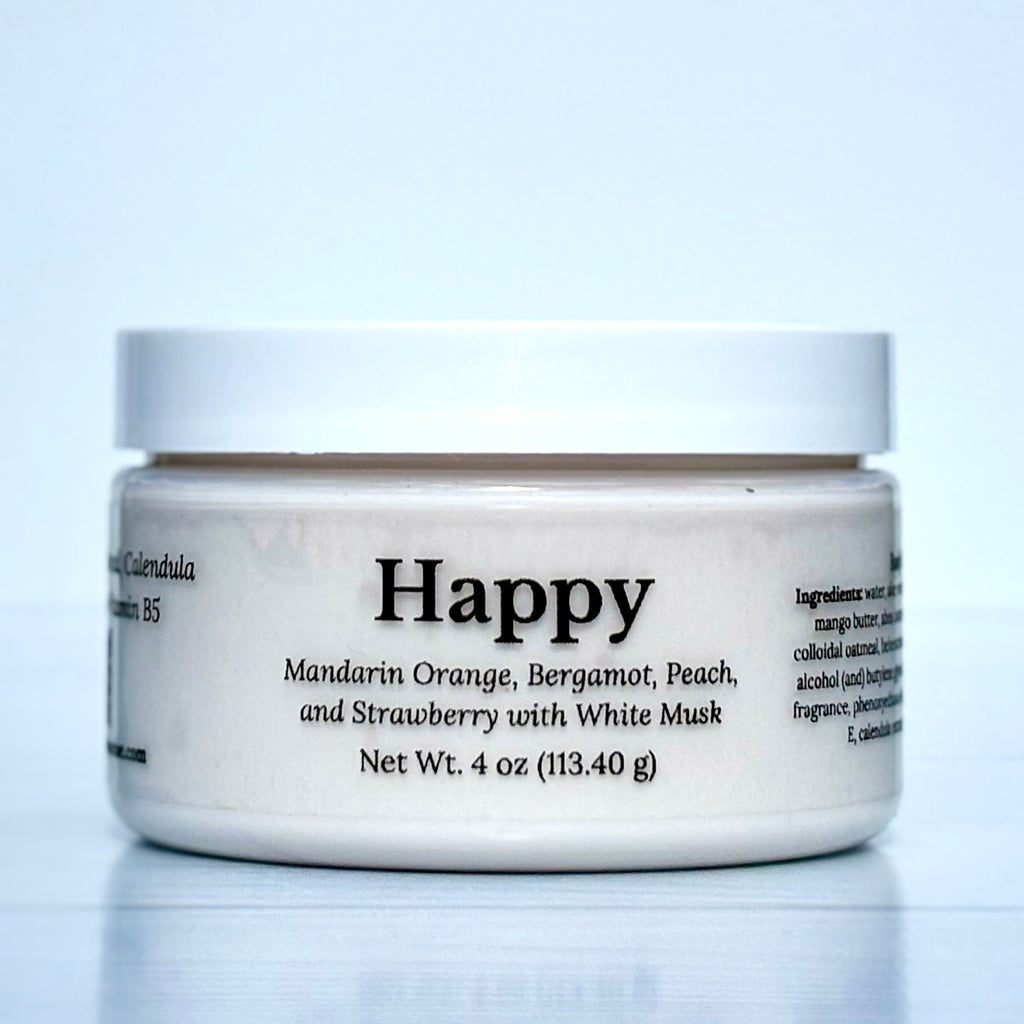 Jar of cream labeled 'Happy' with a white background