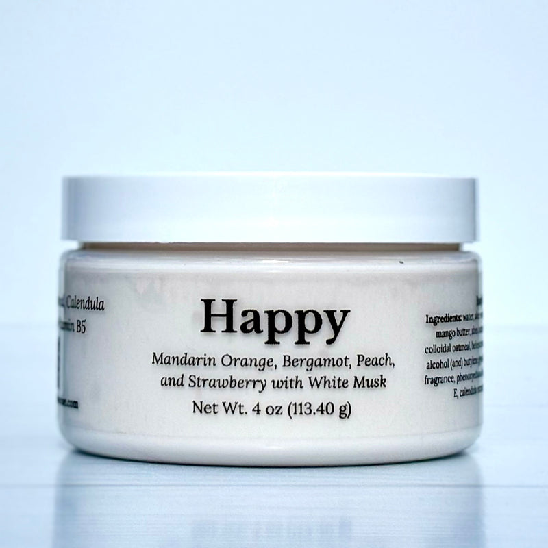 Jar of cream labeled 'Happy' with a white background