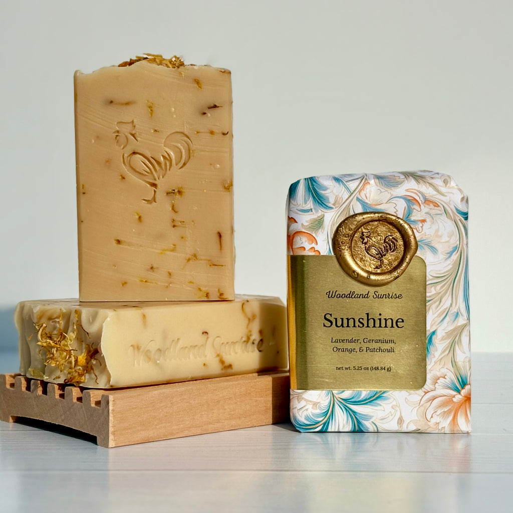 Bar of soap with decorative packaging on a light gray background