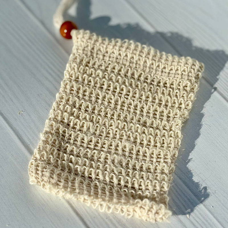 Natural Plant-based Sisal Soap Saver Pouch, with Coffee Color Wood Bead and Drawstring