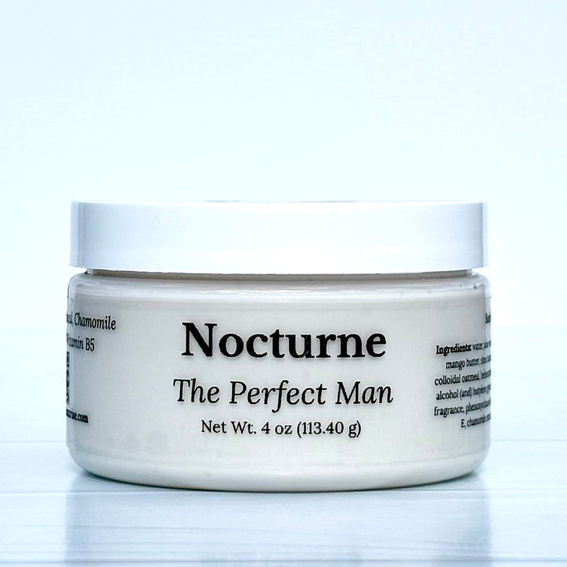 Jar of 'Nocturne The Perfect Man' cream on a white background