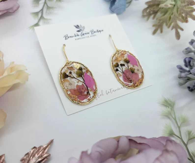 Earrings with Pressed Flowers, Gold Leaf and Glitter