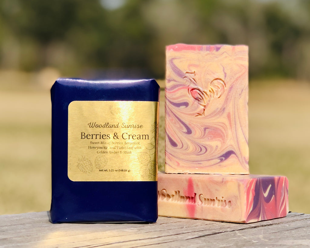 Berries & Cream Handcrafted Soap. Packaging and Bar 